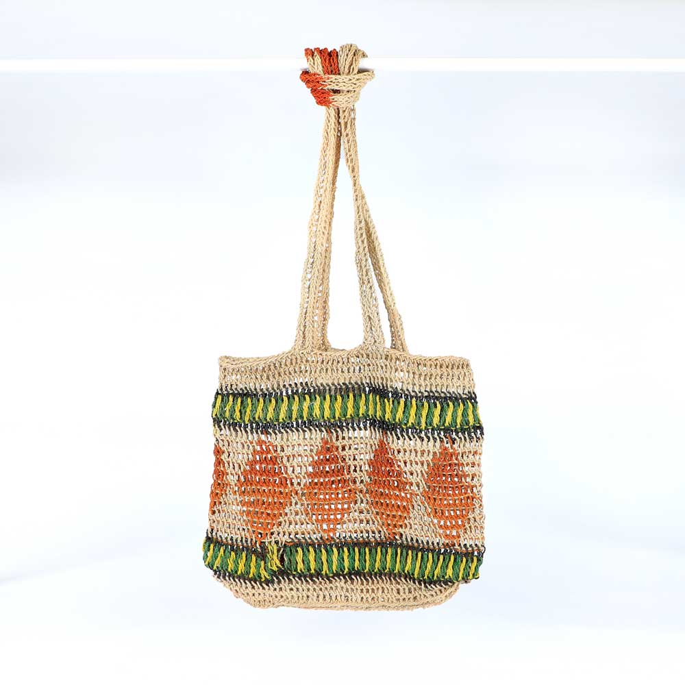 Lina Singu Natural and Citrus Bilum Bag on white background