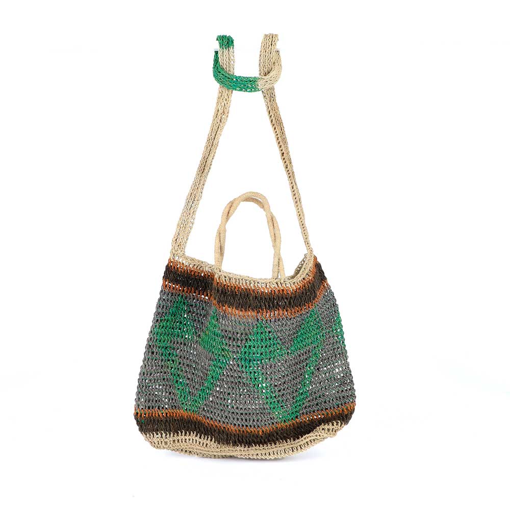 Lina Singu Natural Green Tan Bilum Bag on white background