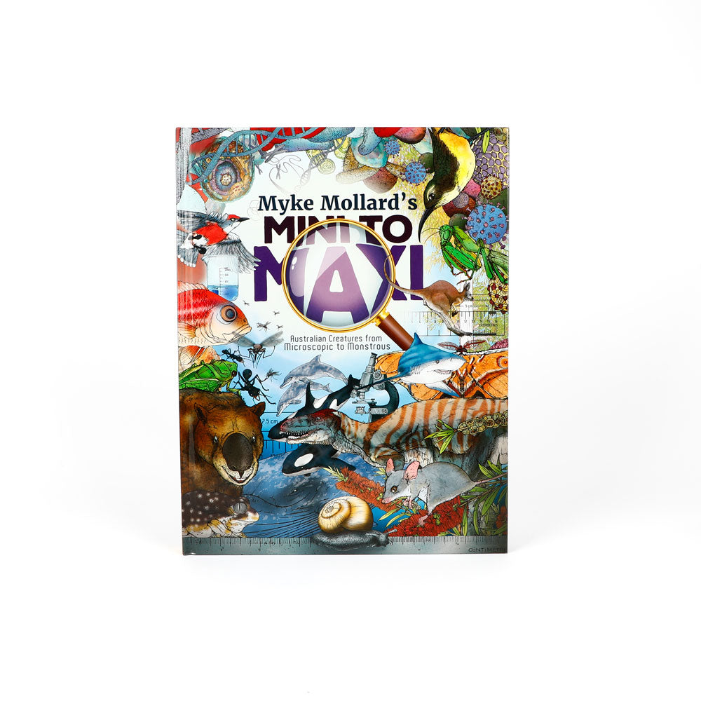 Myke Mollards Mini to Maxi. Hardcover colourful picture book for nature loving children on white background