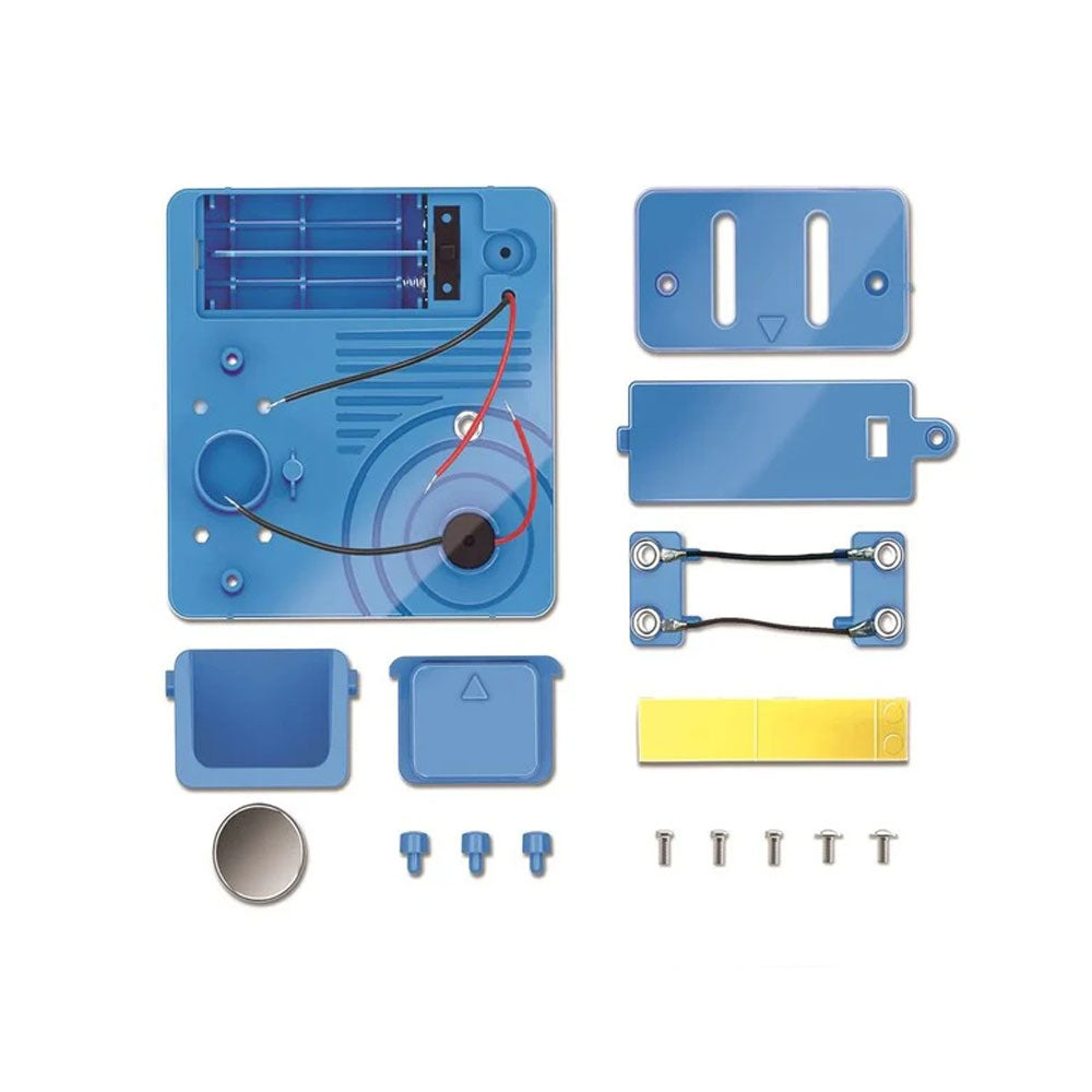 Set of blue electronic components and parts for build your own intruder alarm kit on a white background