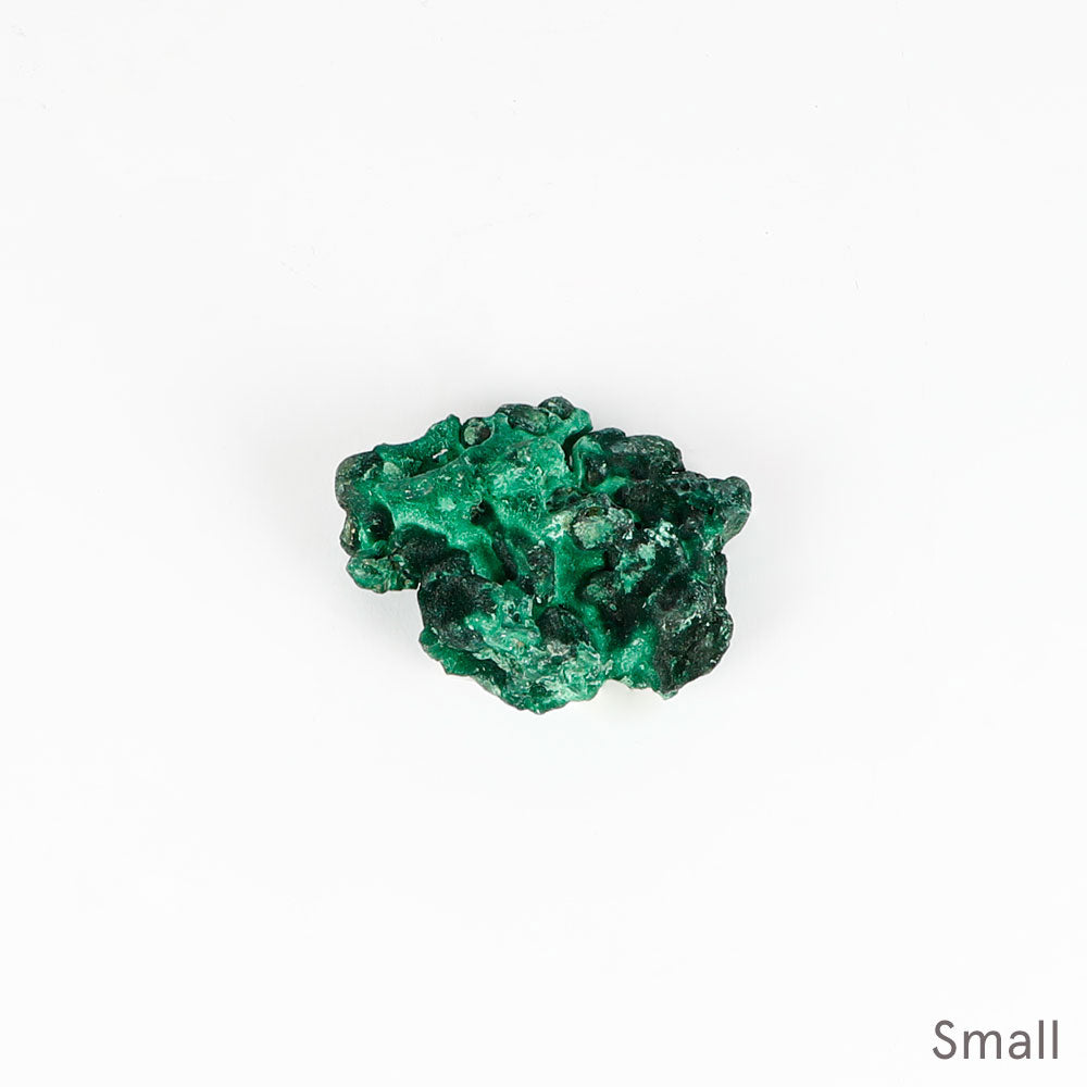 Malachite fibrous crystalline mineral specimen on a white background