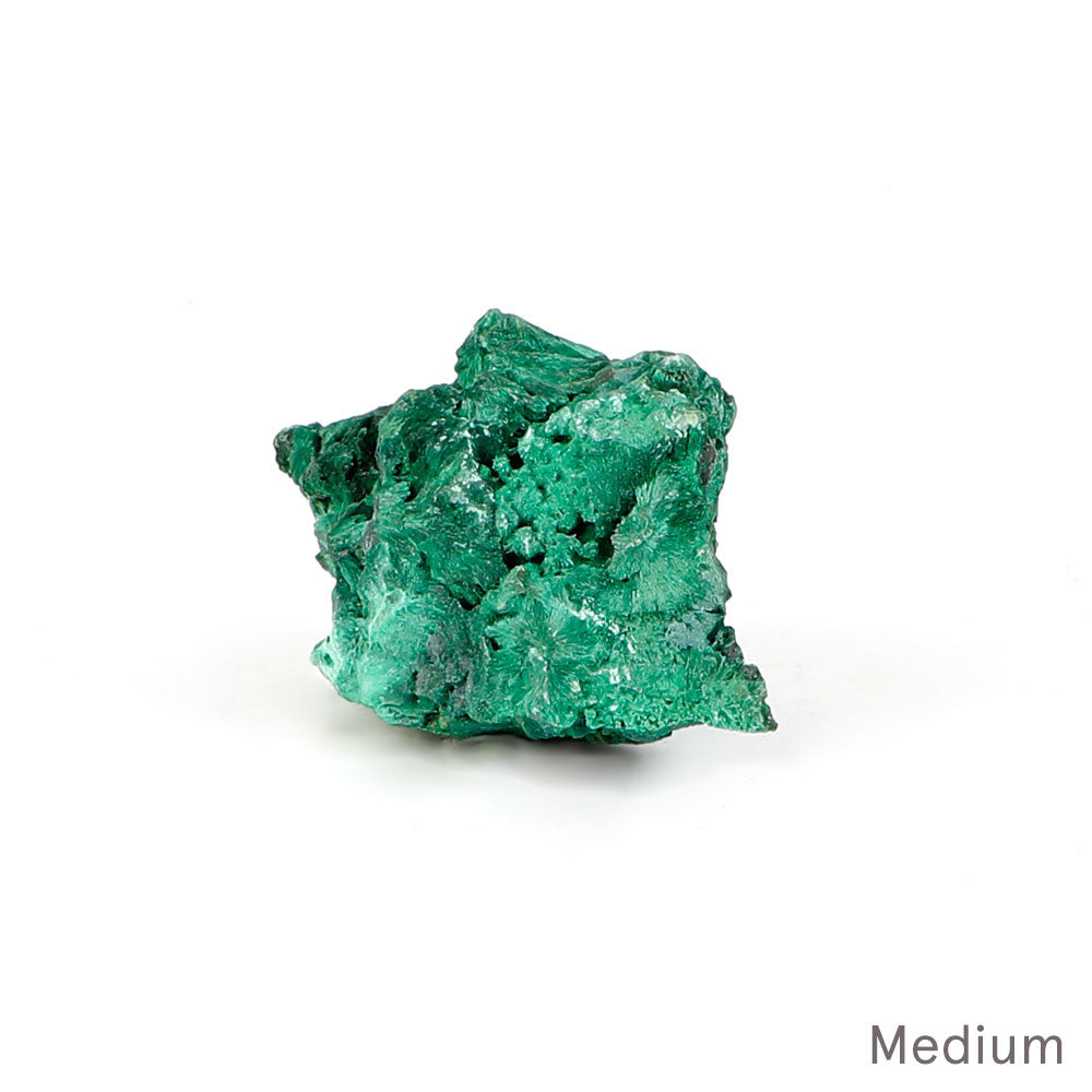 Malachite fibrous crystalline mineral specimen on a white background