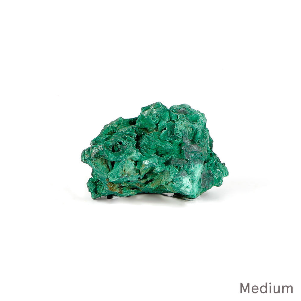 Malachite fibrous crystalline mineral specimen on a white background