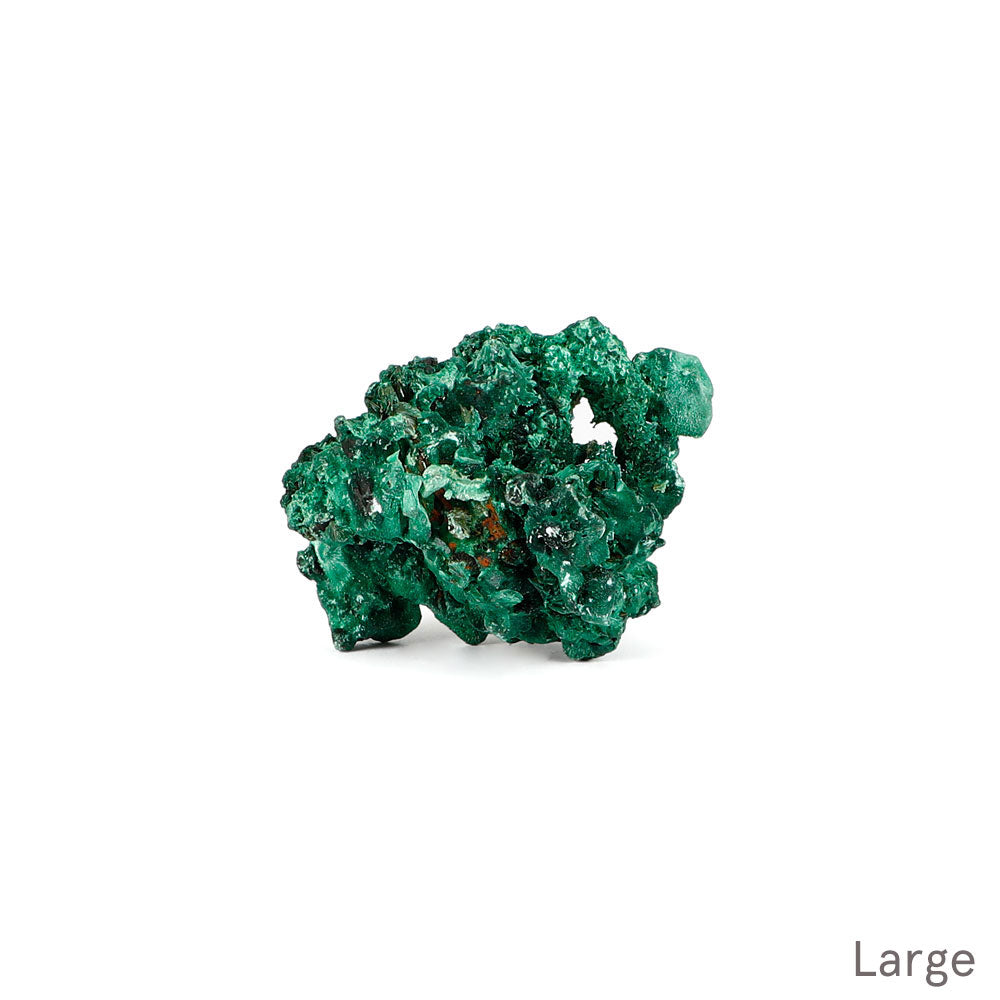 Malachite fibrous crystalline mineral specimen on a white background