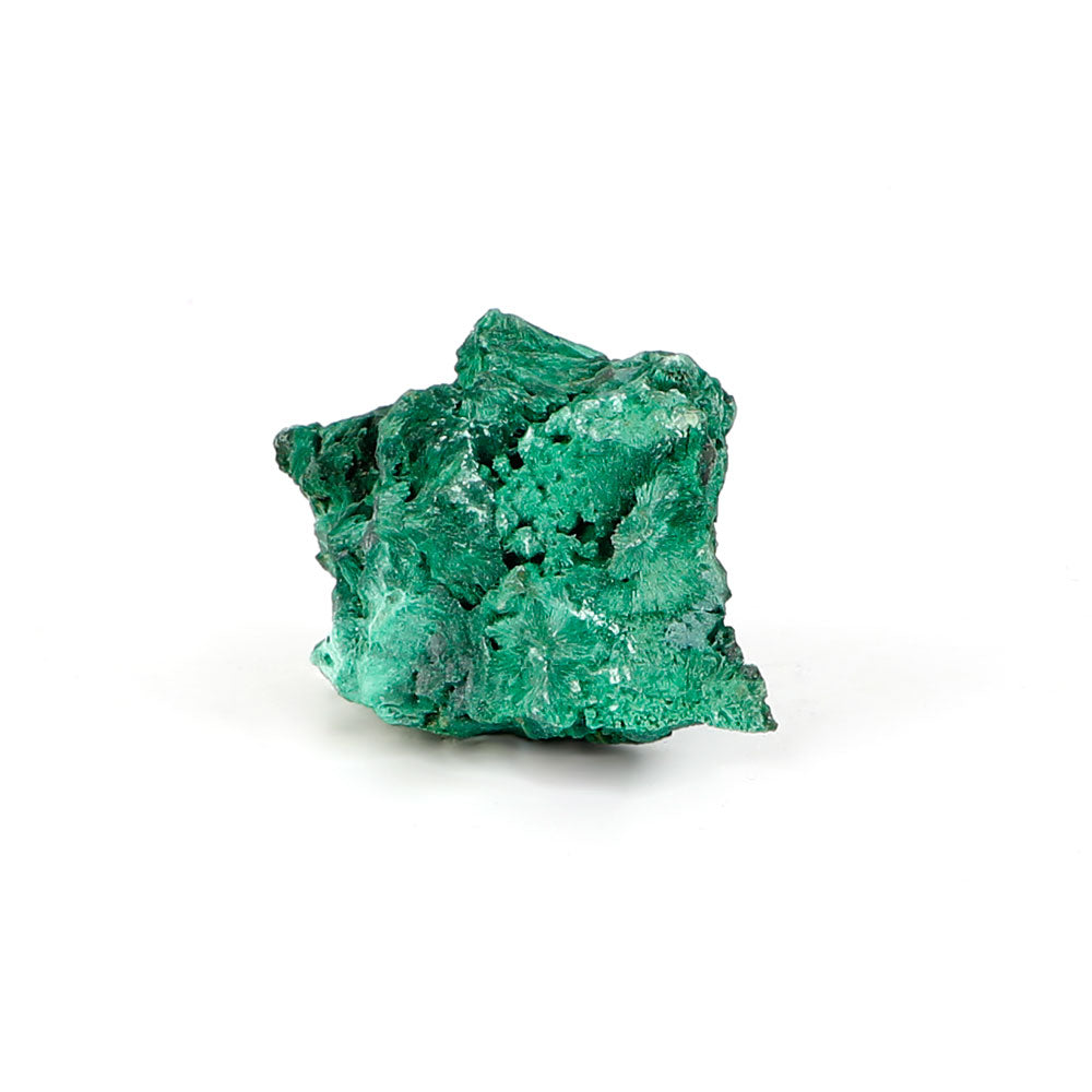 Malachite fibrous crystalline mineral specimen on a white background