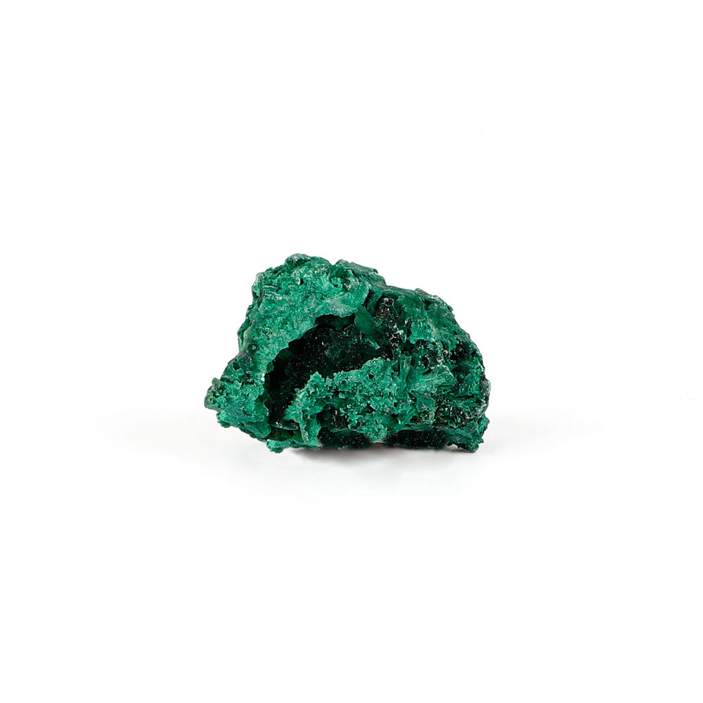 Malachite fibrous crystalline mineral specimen on a white background