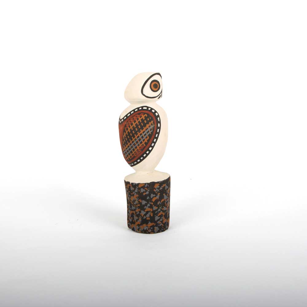 Creamy white ironwood owls, 190mm high and 220mm high, hand carved and painted by Bathurst Island artist, Mario Munkara for Tiwi Design.