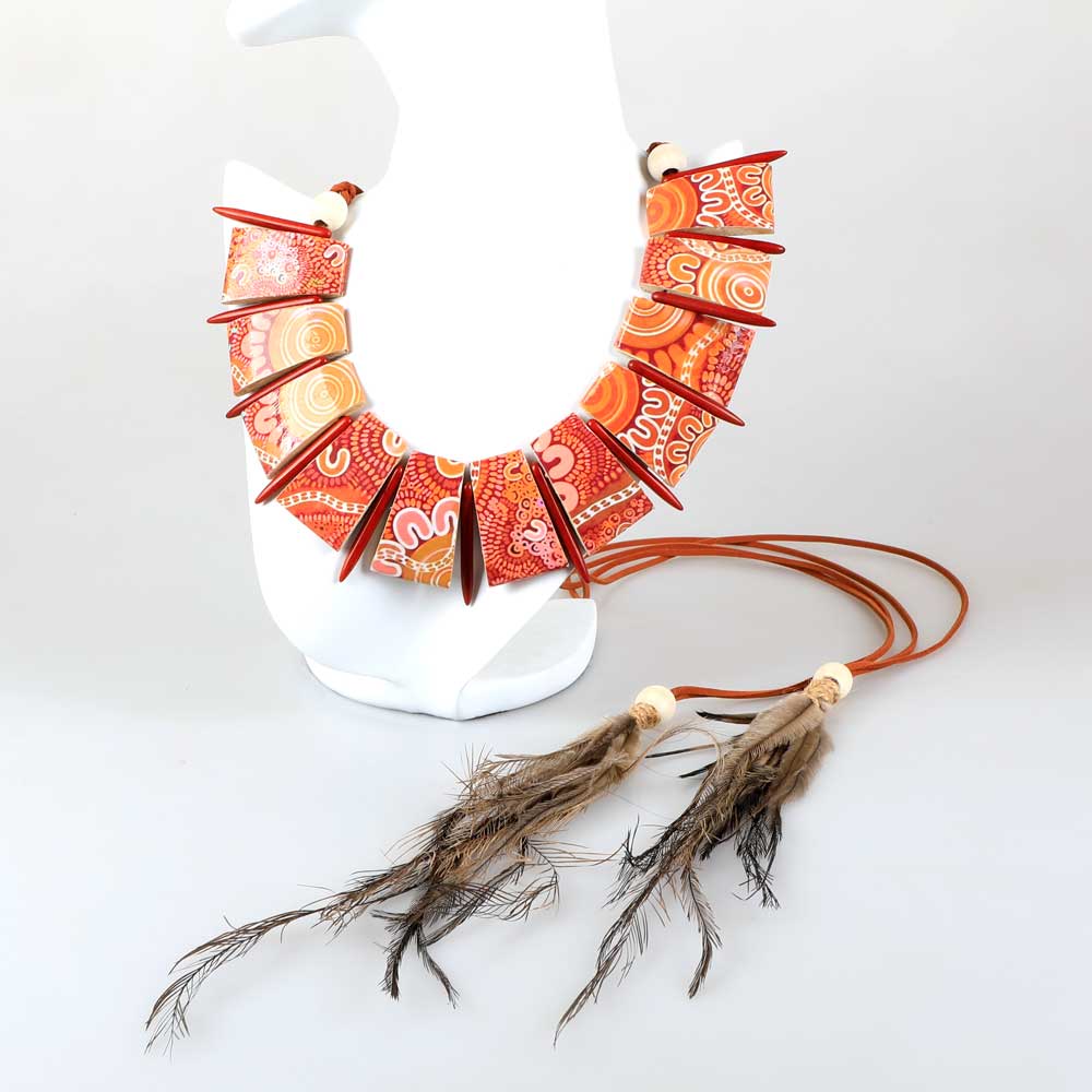 Matriarchy strength necklace made through a collaboration between Barkandji artists Cleonie Quayle and Kimberley Mann. Australian Museum Shop online