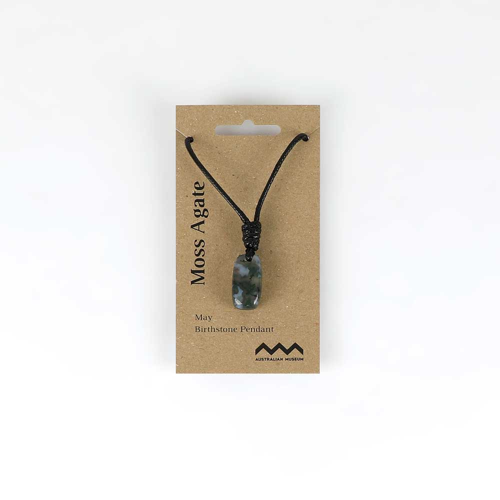 May birthstone pendant on leather and fibre necklace on white background for Australian Museum Shop online