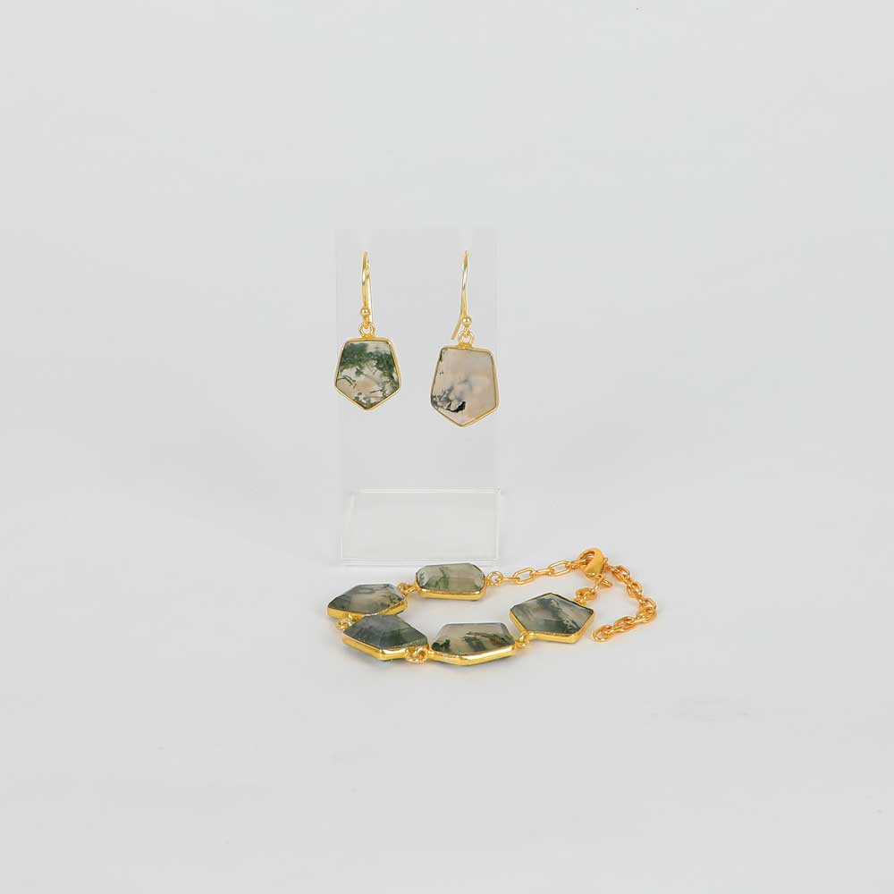 Moss Agate Earrings & Bracelet set on white background