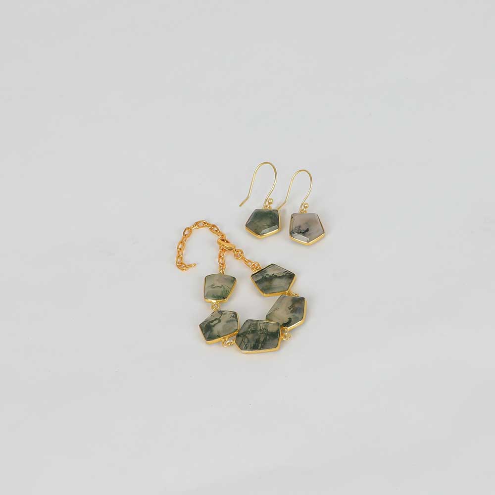 Moss Agate Earrings & Bracelet set on white background