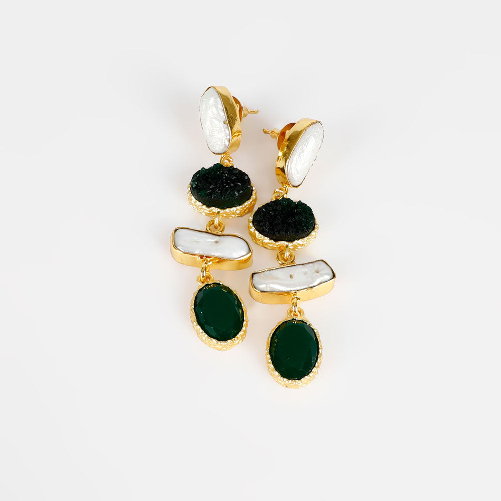 18ct gold plated 4-tier drop earrings with mother of pearl, druzy agate and Swarovski crystals