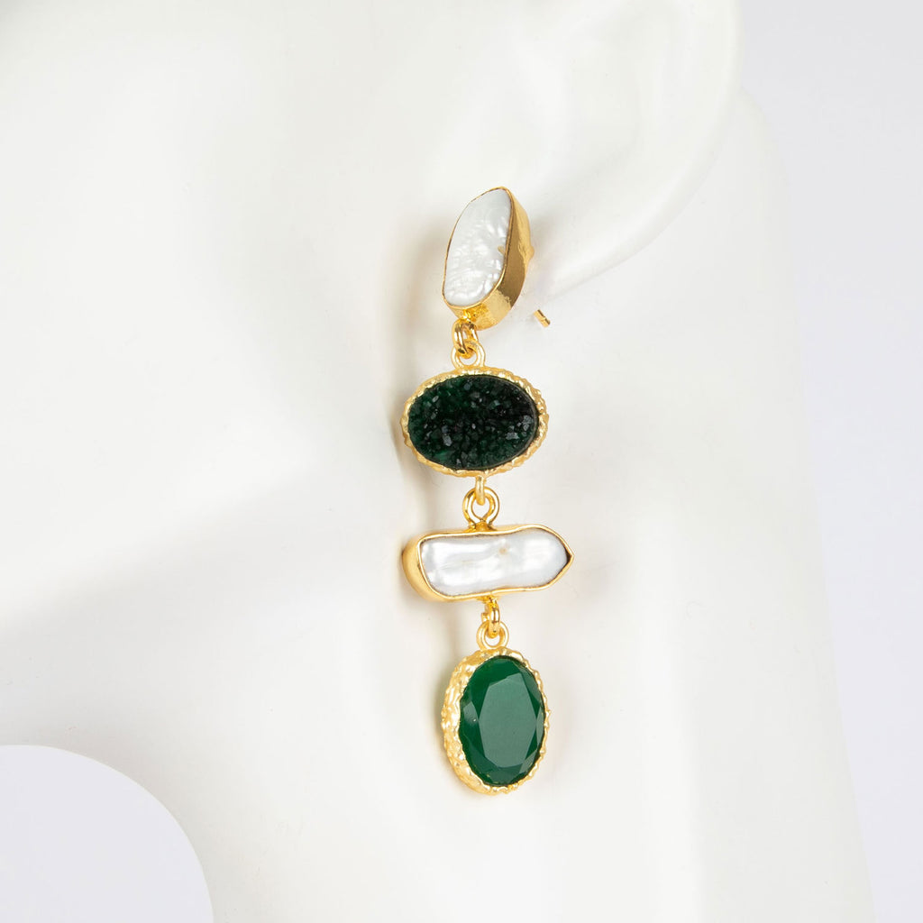 18ct gold plated 4-tier drop earrings with mother of pearl, druzy agate and Swarovski crystals