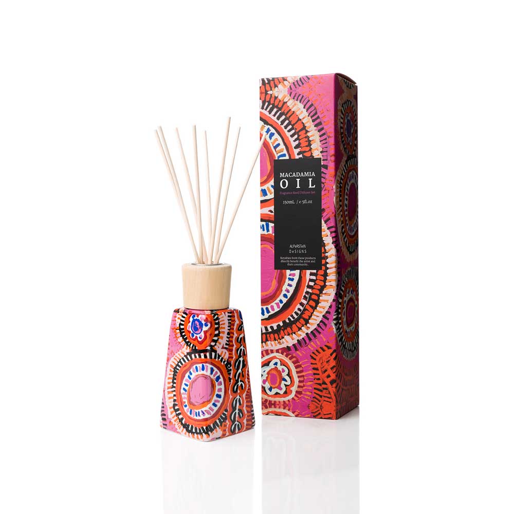 Fragrant reed diffuser set featuring First Nations Artists artwork on white background