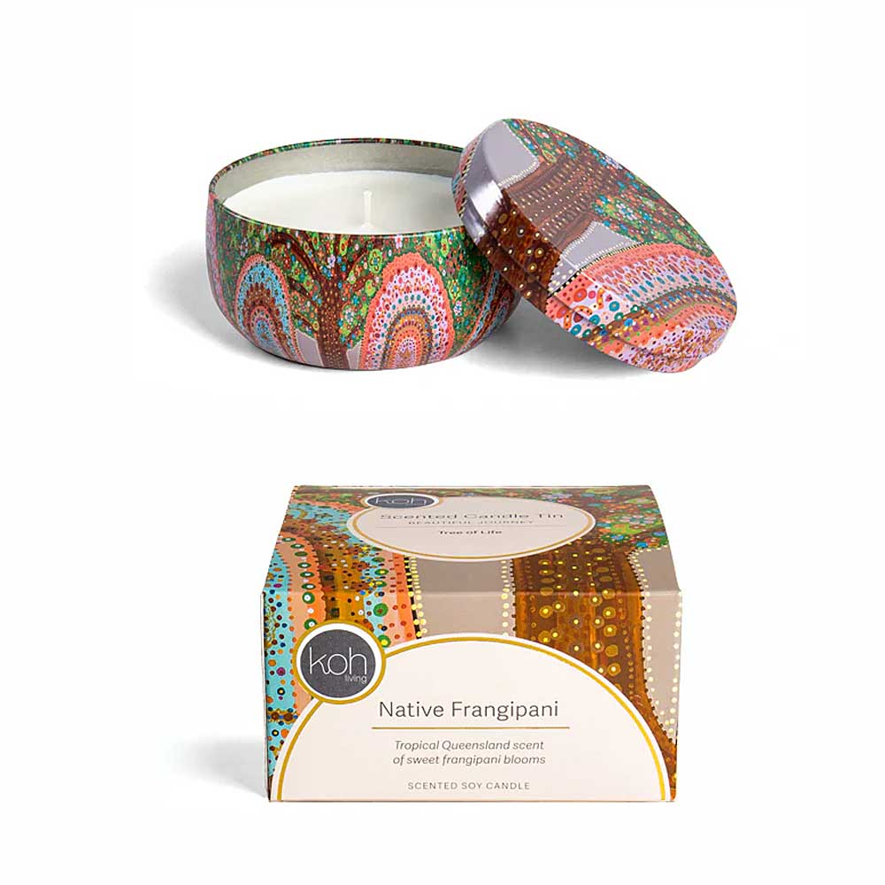 Native Frangipani candle tin on white background for Australian museum Shop online