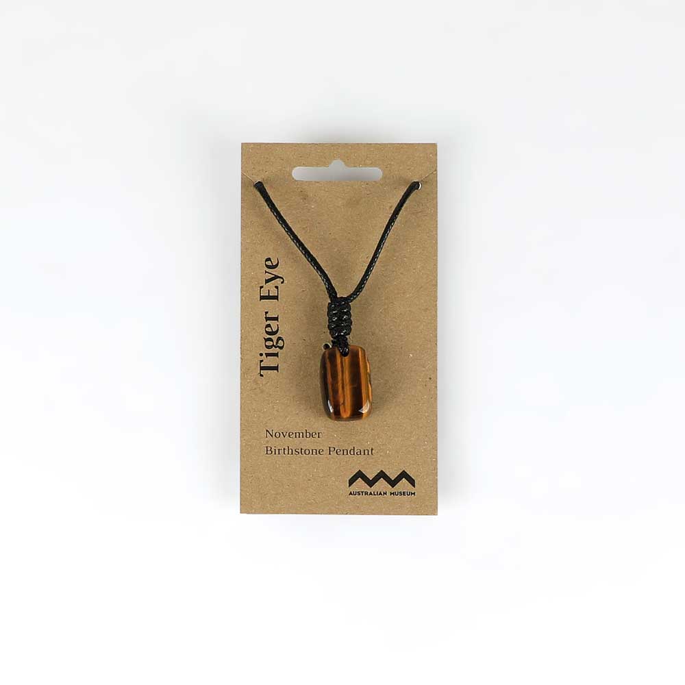 November birthstone pendant on leather and fibre necklace on white background for Australian Museum Shop online