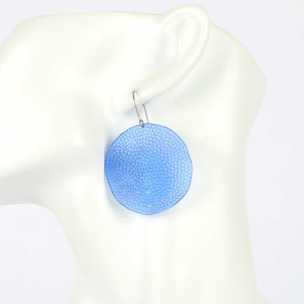 Nuvola upcycled PET disc earrings on mannequin. Blue colour