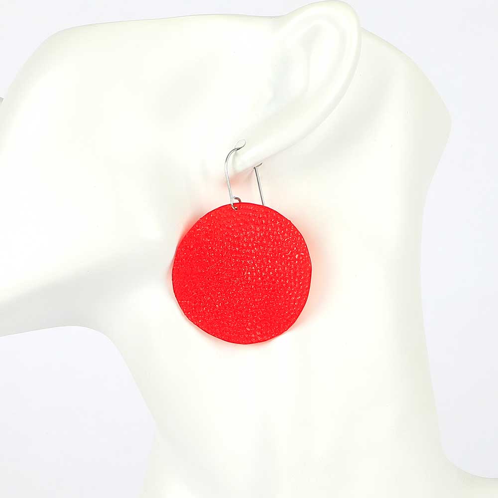 Nuvola upcycled PET disc earrings on mannequin, red