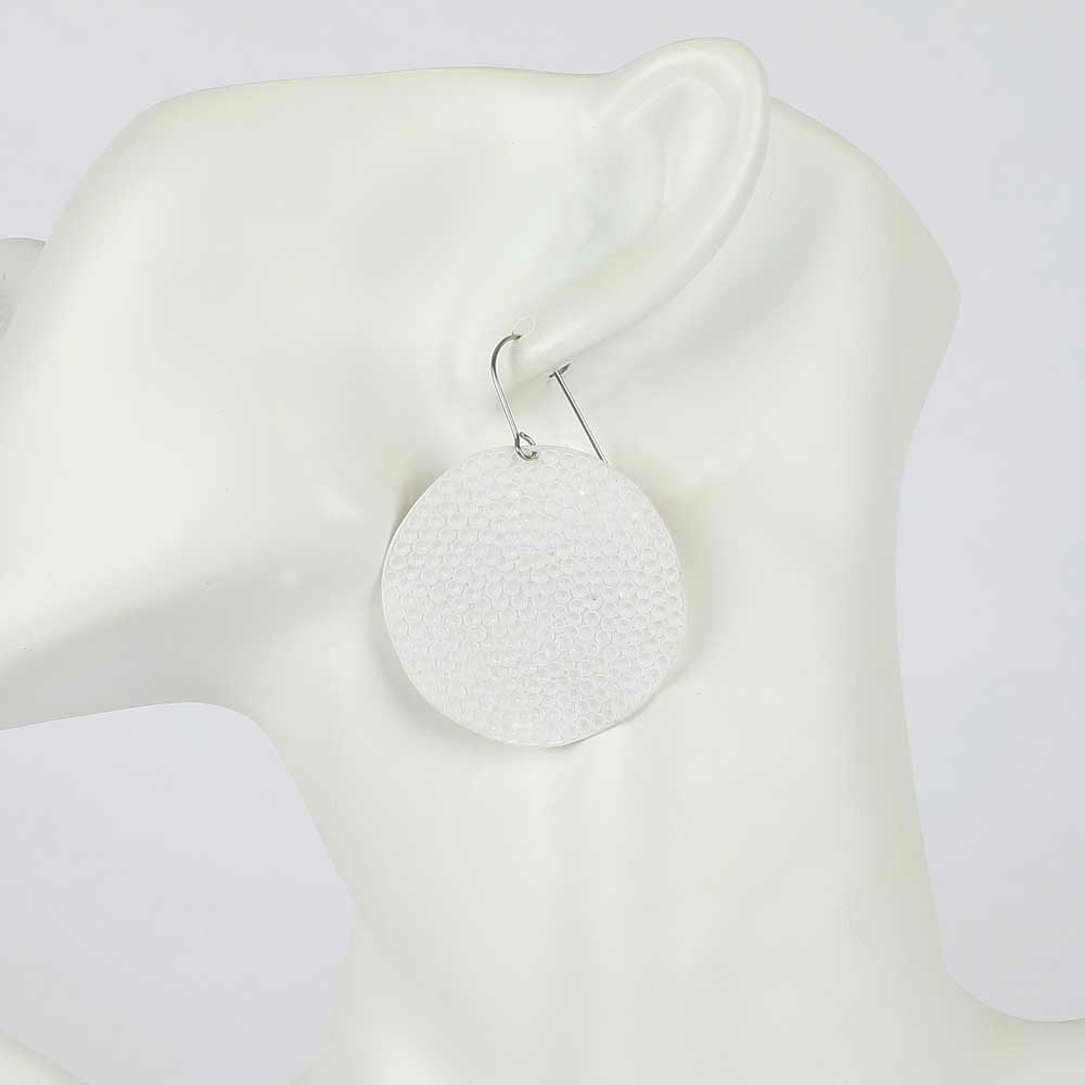 Nuvola upcycled PET disc earrings on mannequin, white