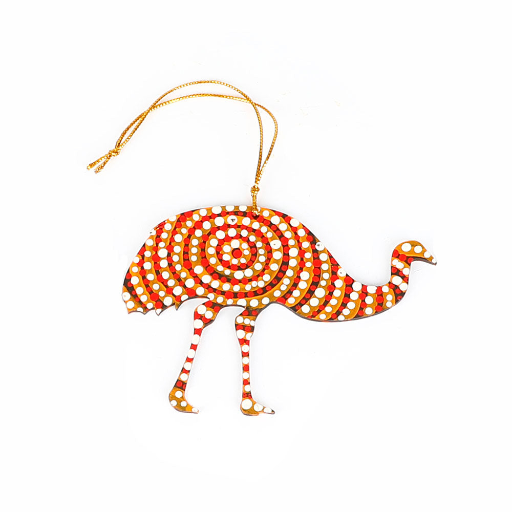 Emu handpainted ornament Warlukurlangu artists cooperative on white background
