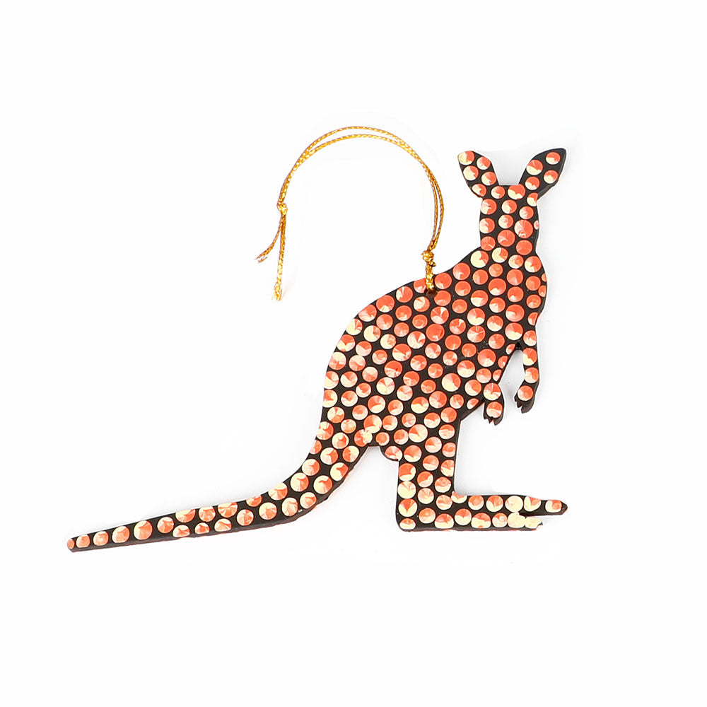 Handpainted Kangaroo ornaments. Acrylic paint on balsa wood on white background