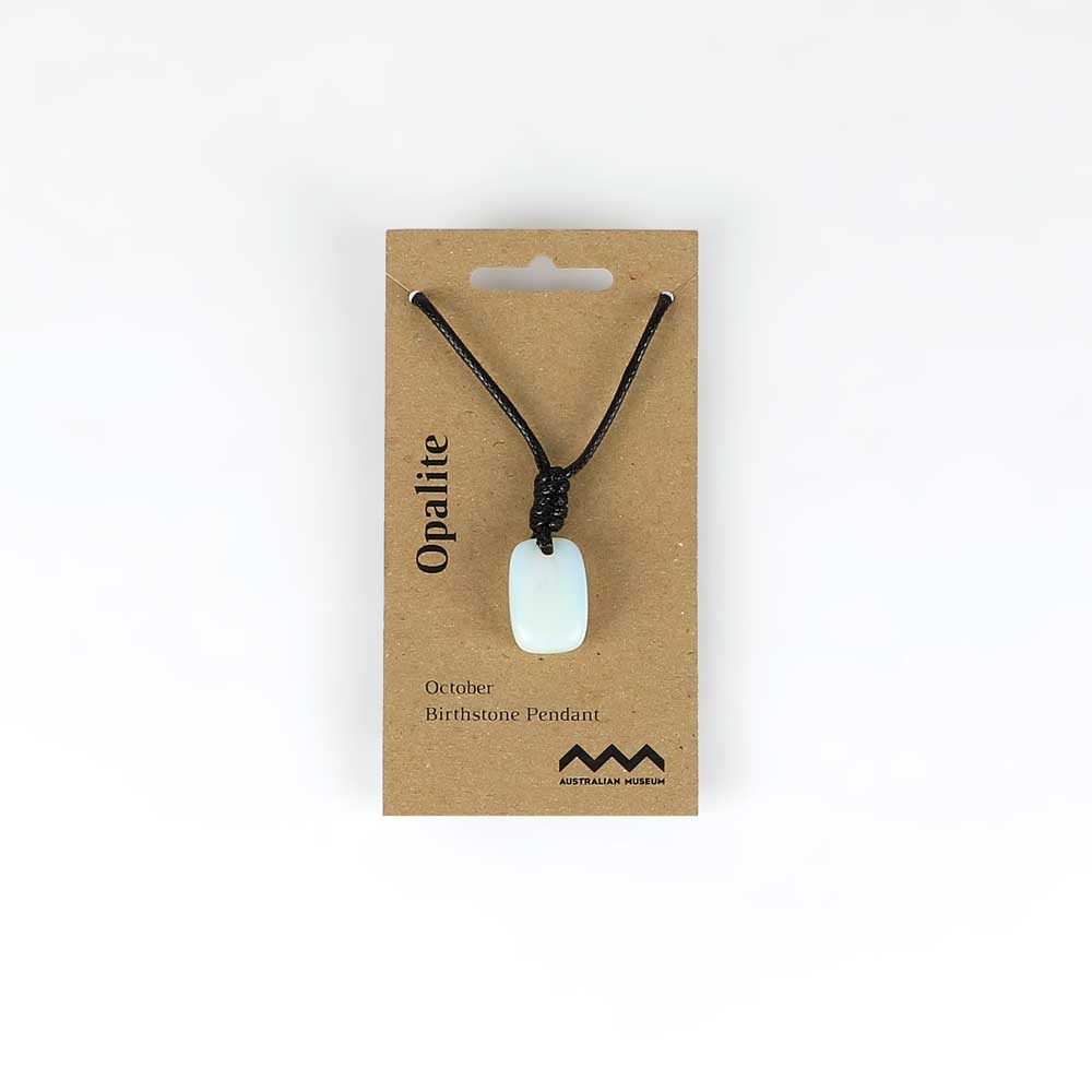 October birthstone pendant on leather and fibre necklace on white background for Australian Museum Shop online