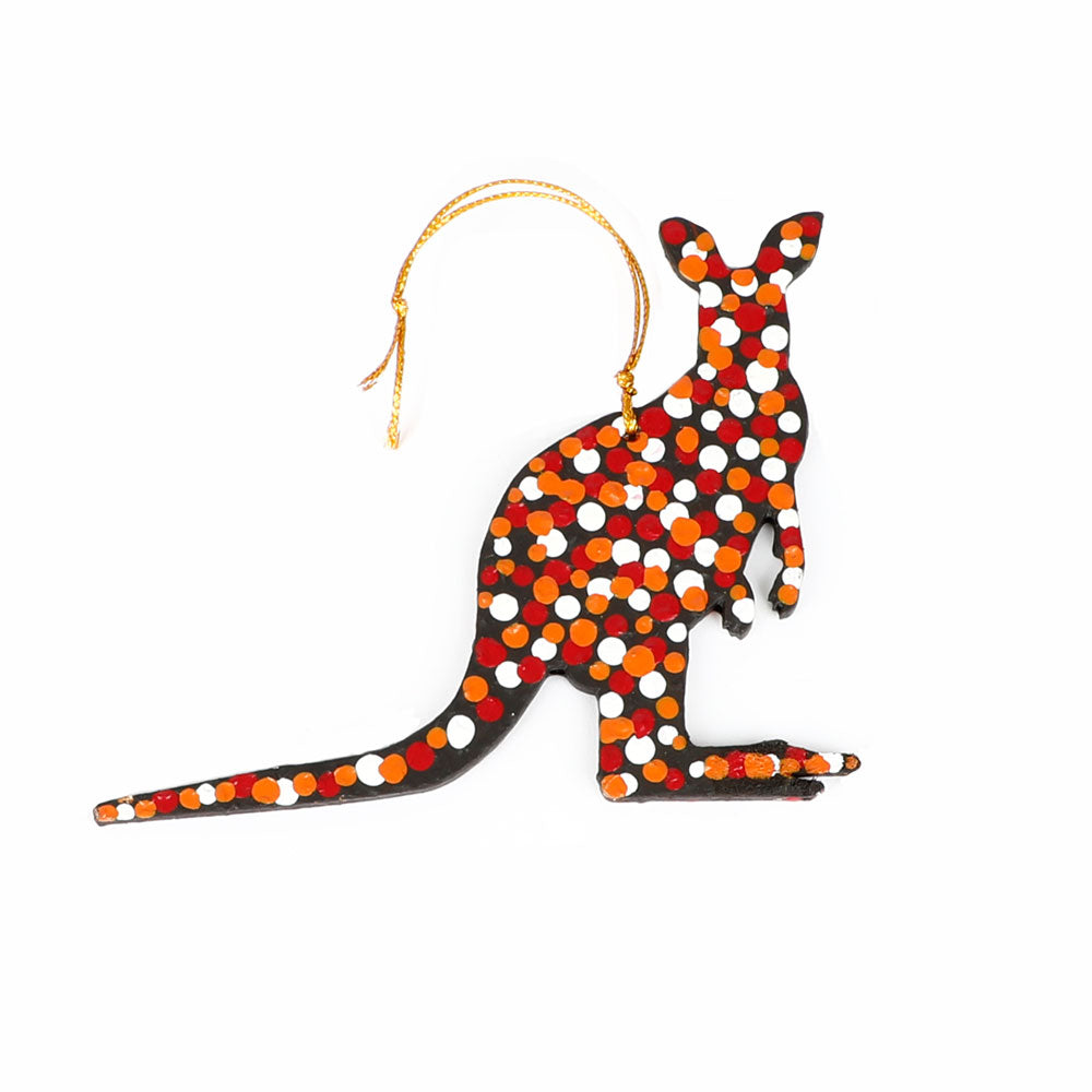 Handpainted Kangaroo ornaments. Acrylic paint on balsa wood on white background