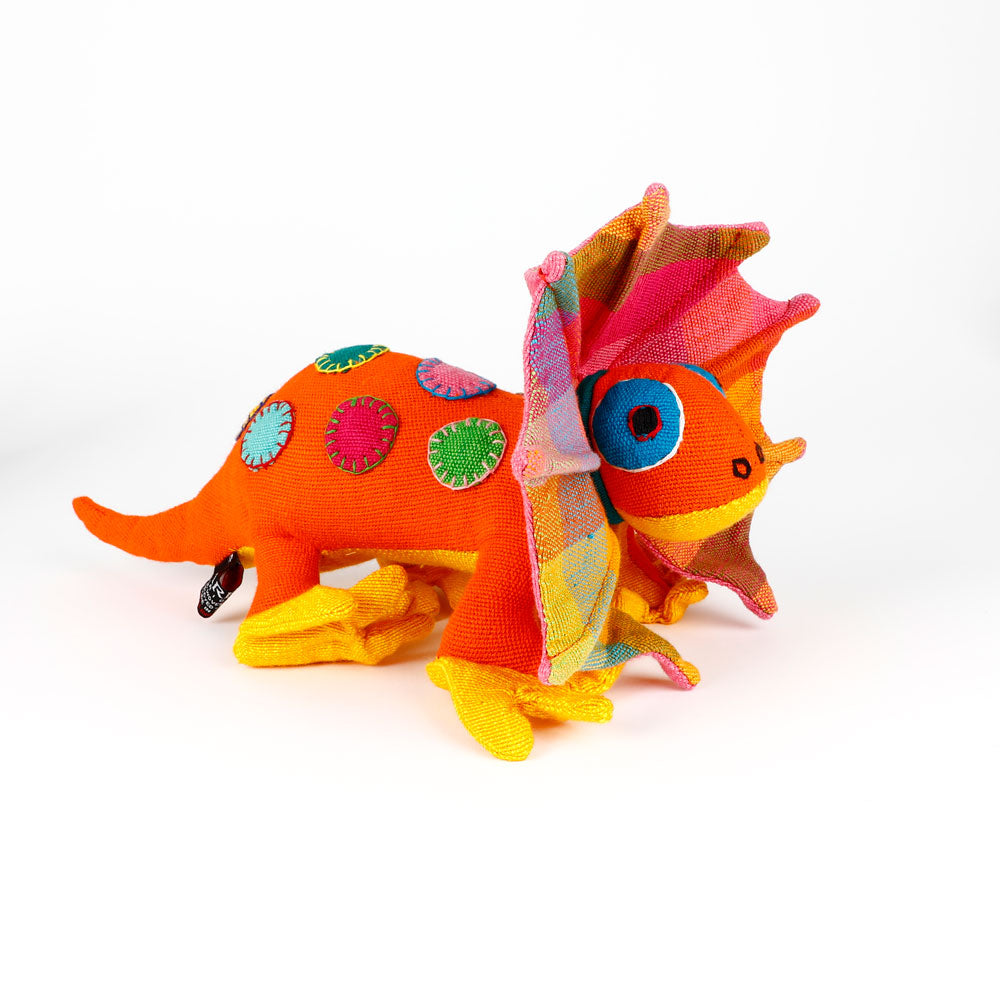 Orange spotty Frill-Neck Lizard toys handmade from handwoven fabric by Barefoot Toys, on white background