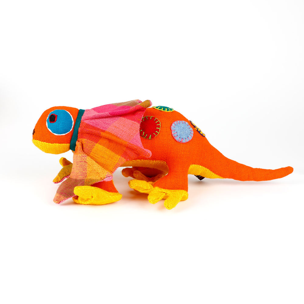 Orange spotty Frill-Neck Lizard toys handmade from handwoven fabric by Barefoot Toys, on white background
