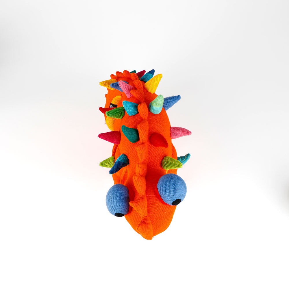 Orange Thorny Devil Barefoot Toy hand woven fabric handmade in Sri Lanka, on white background