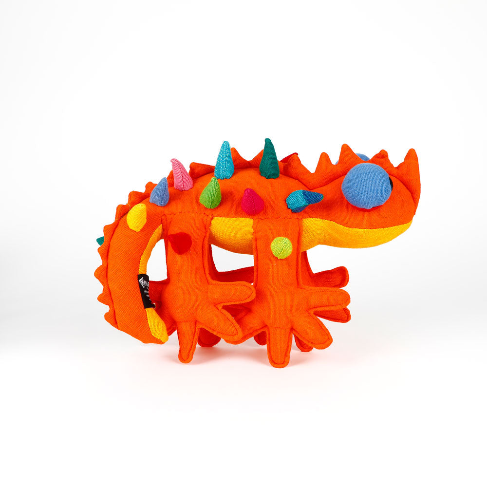 Orange Thorny Devil Barefoot Toy hand woven fabric handmade in Sri Lanka, on white background