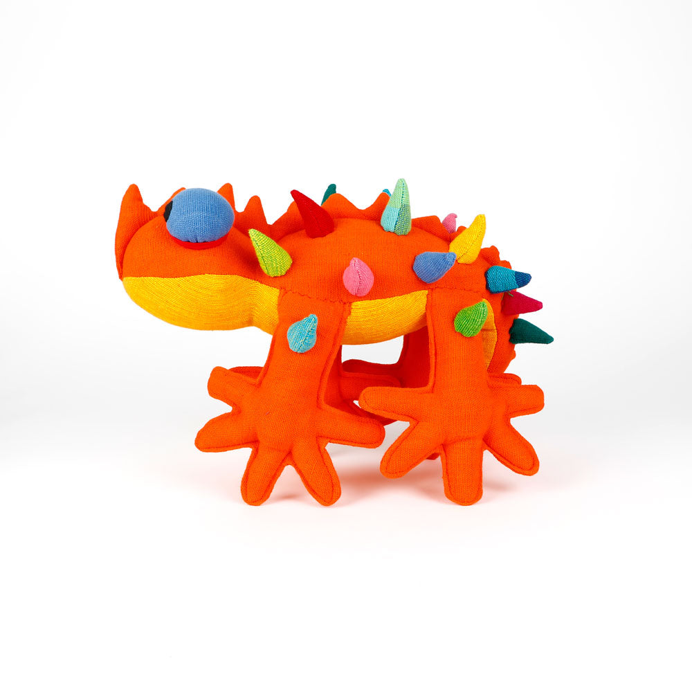 Orange Thorny Devil Barefoot Toy hand woven fabric handmade in Sri Lanka, on white background