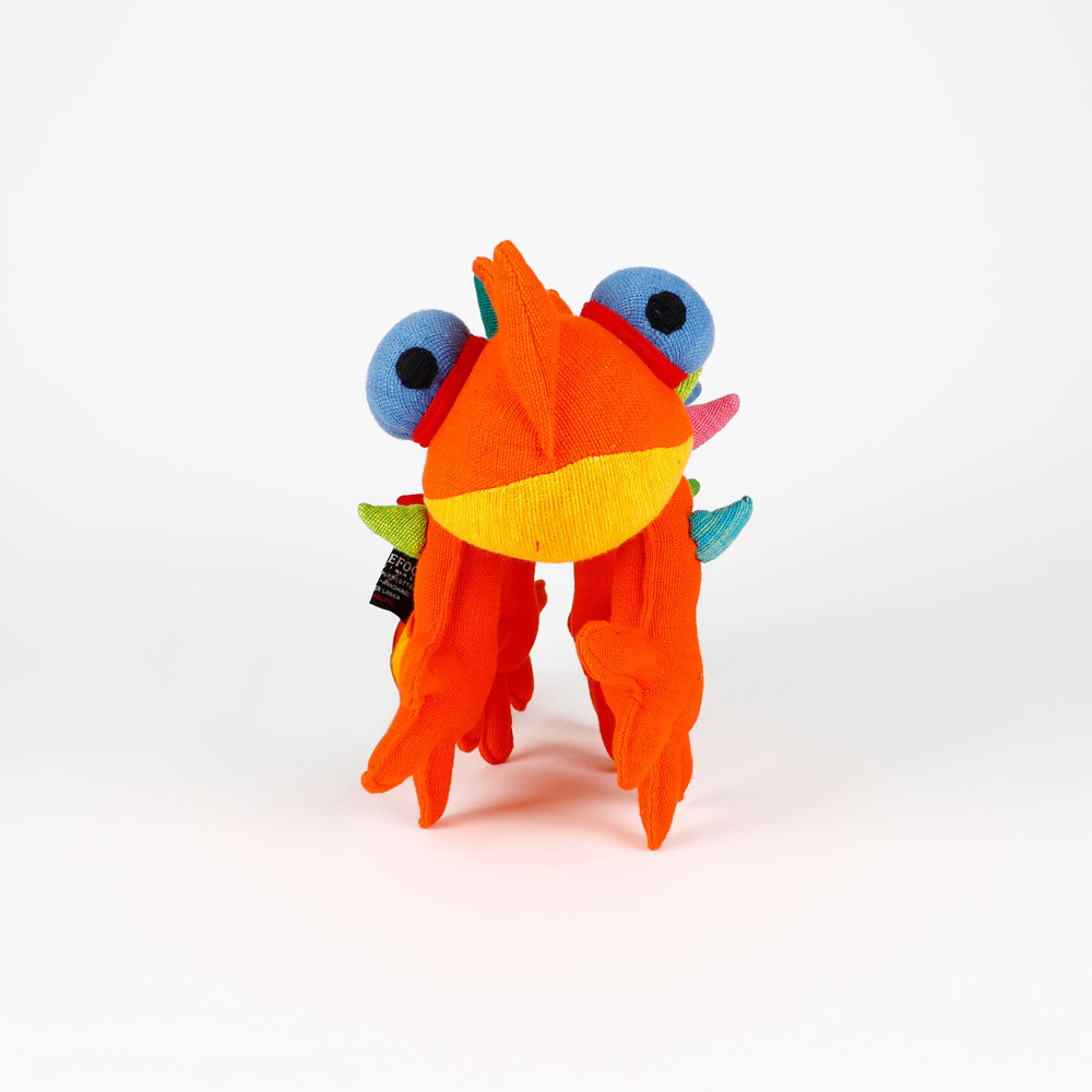 Orange Thorny Devil Barefoot Toy hand woven fabric handmade in Sri Lanka, on white background