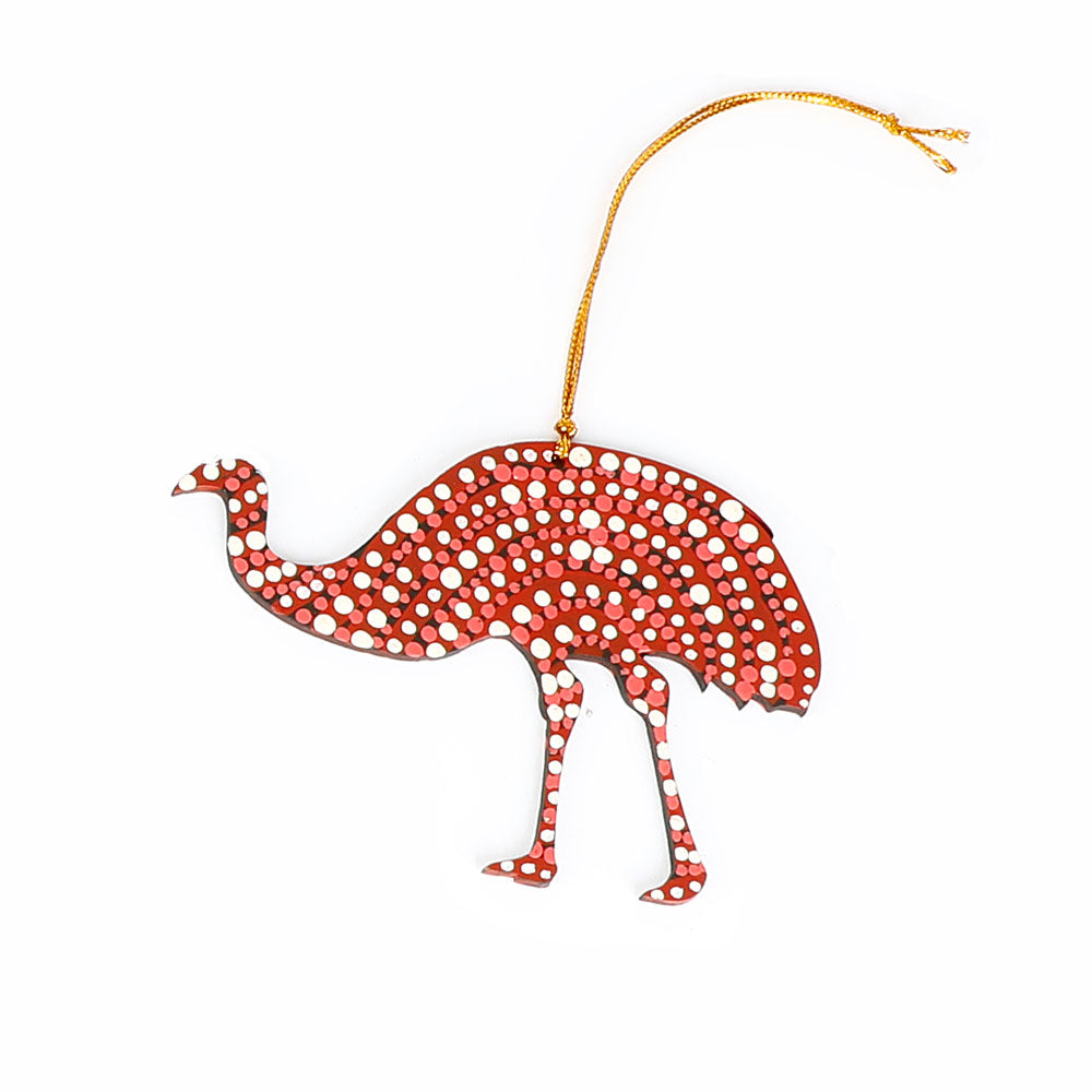 Emu handpainted ornament Warlukurlangu artists cooperative on white background