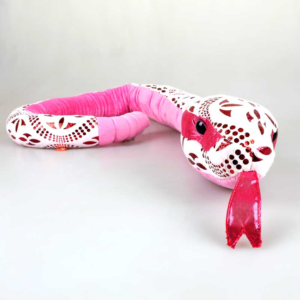 Pink foil patterned snake with pink plush underbelly sleeping on white background for Australian Museum Shop online