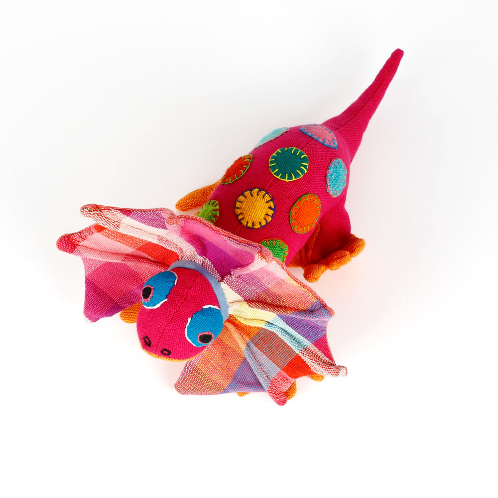 Blue spotty Frill-Neck Lizard toys handmade from handwoven fabric by Barefoot Toys, on white background