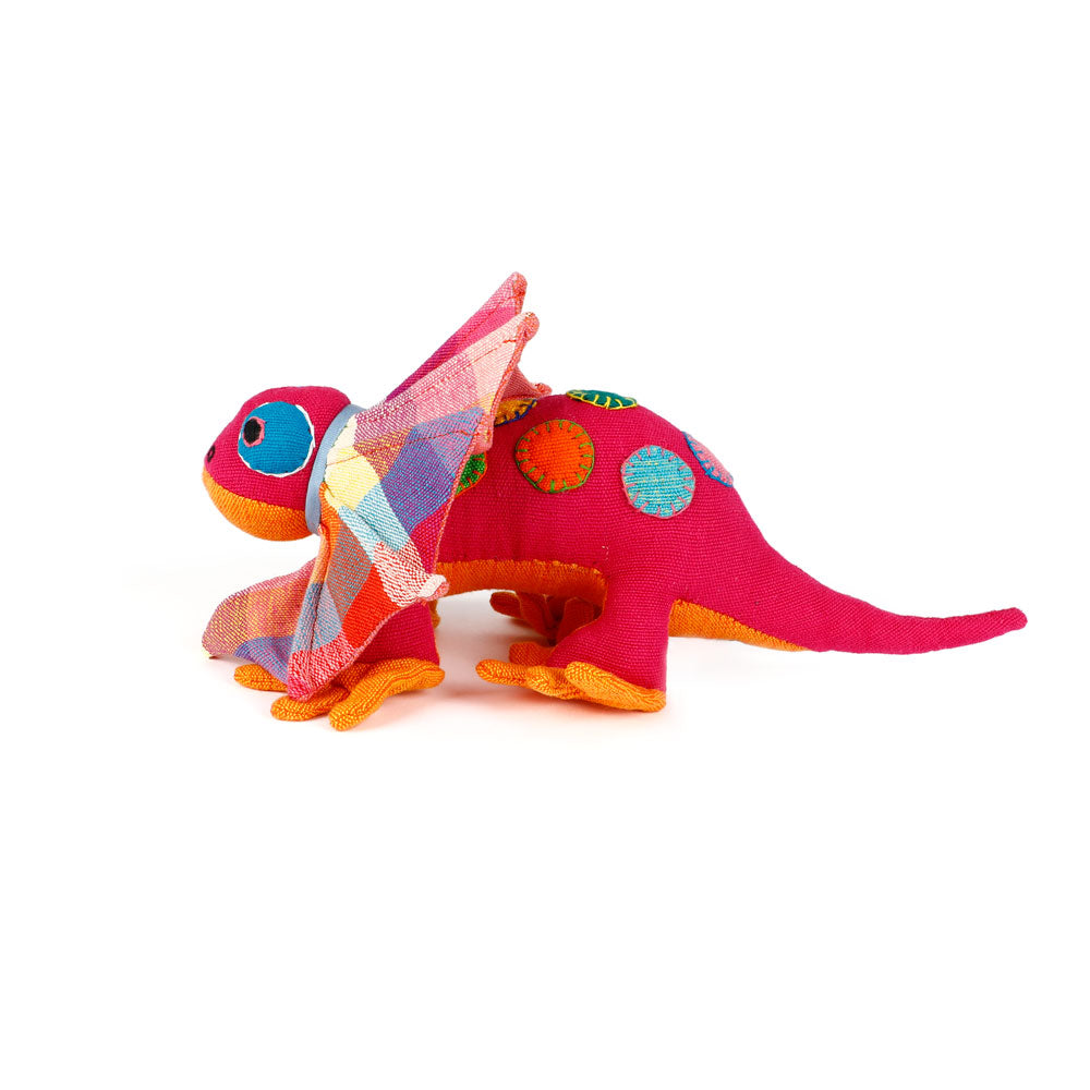 Blue spotty Frill-Neck Lizard toys handmade from handwoven fabric by Barefoot Toys, on white background