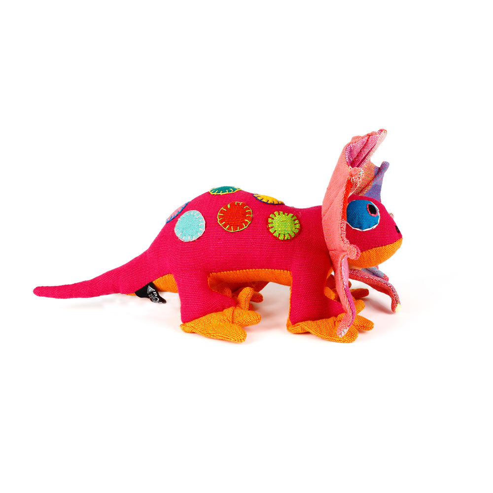 Blue spotty Frill-Neck Lizard toys handmade from handwoven fabric by Barefoot Toys, on white background