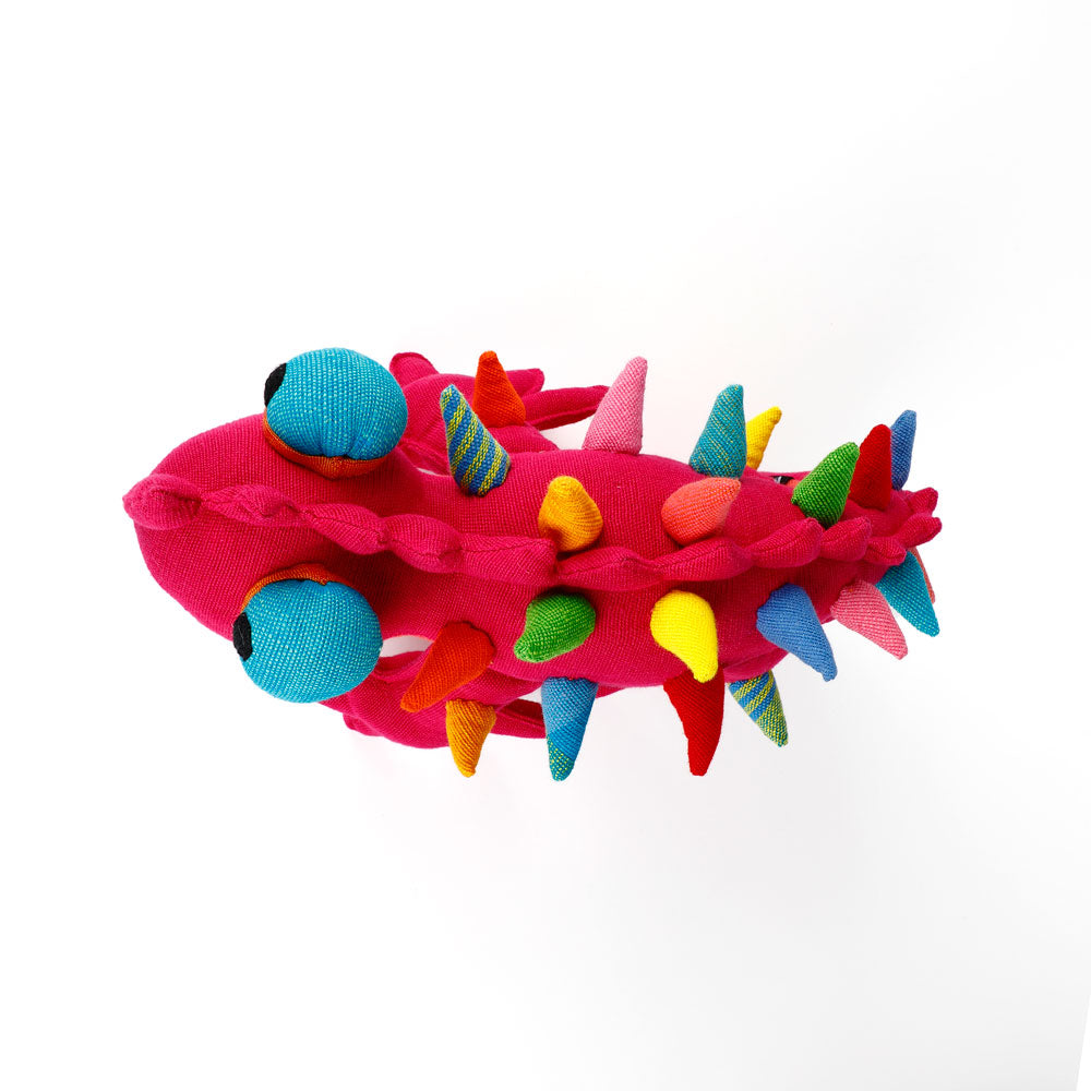 Pink Thorny Devil Barefoot Toy hand woven fabric handmade in Sri Lanka, on white background