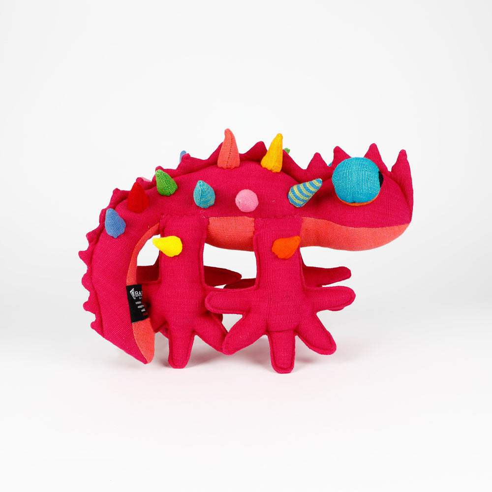 Pink Thorny Devil Barefoot Toy hand woven fabric handmade in Sri Lanka, on white background