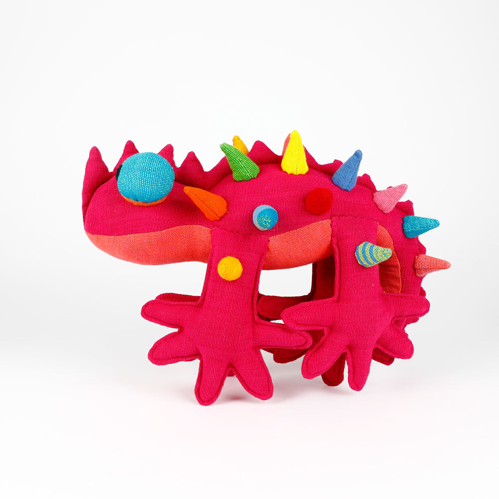 Pink Thorny Devil Barefoot Toy hand woven fabric handmade in Sri Lanka, on white background