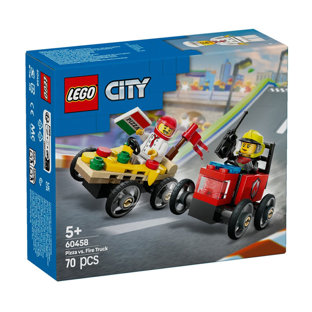 LEGO City pizza vs. fire truck set packaging with two minifigures and vehicles.
