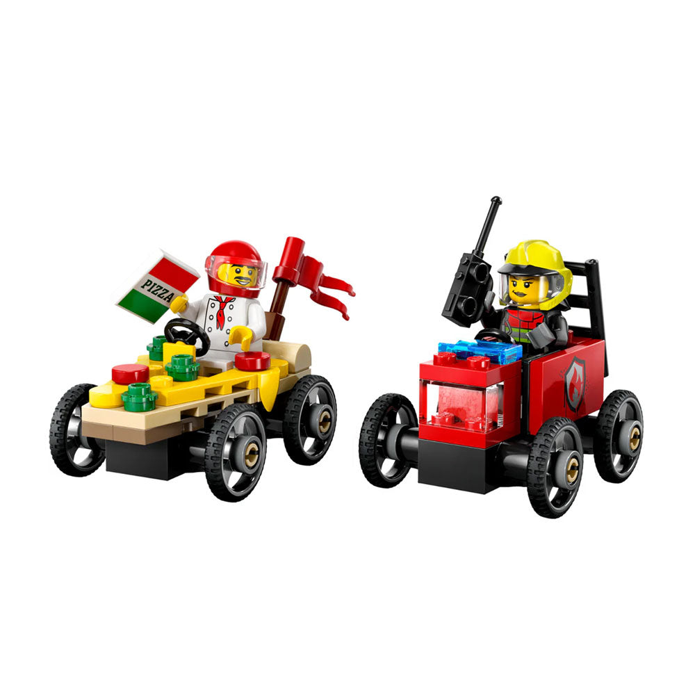 LEGO City pizza vs. fire truck set packaging with two minifigures and vehicles.