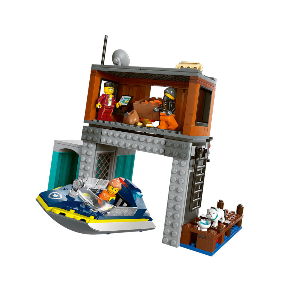 LEGO police speedboat and crooks set with a harbour building, boat, and figures on a white background