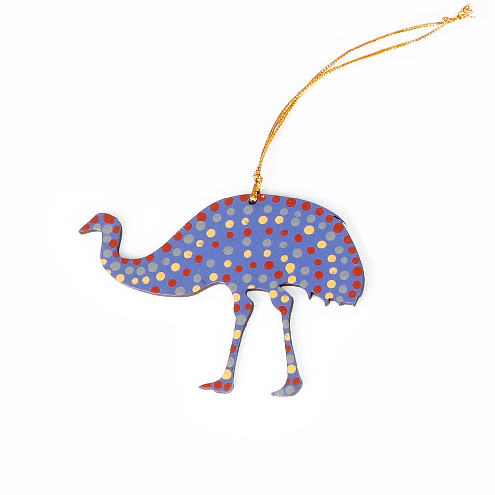 Emu handpainted ornament Warlukurlangu artists cooperative on white background