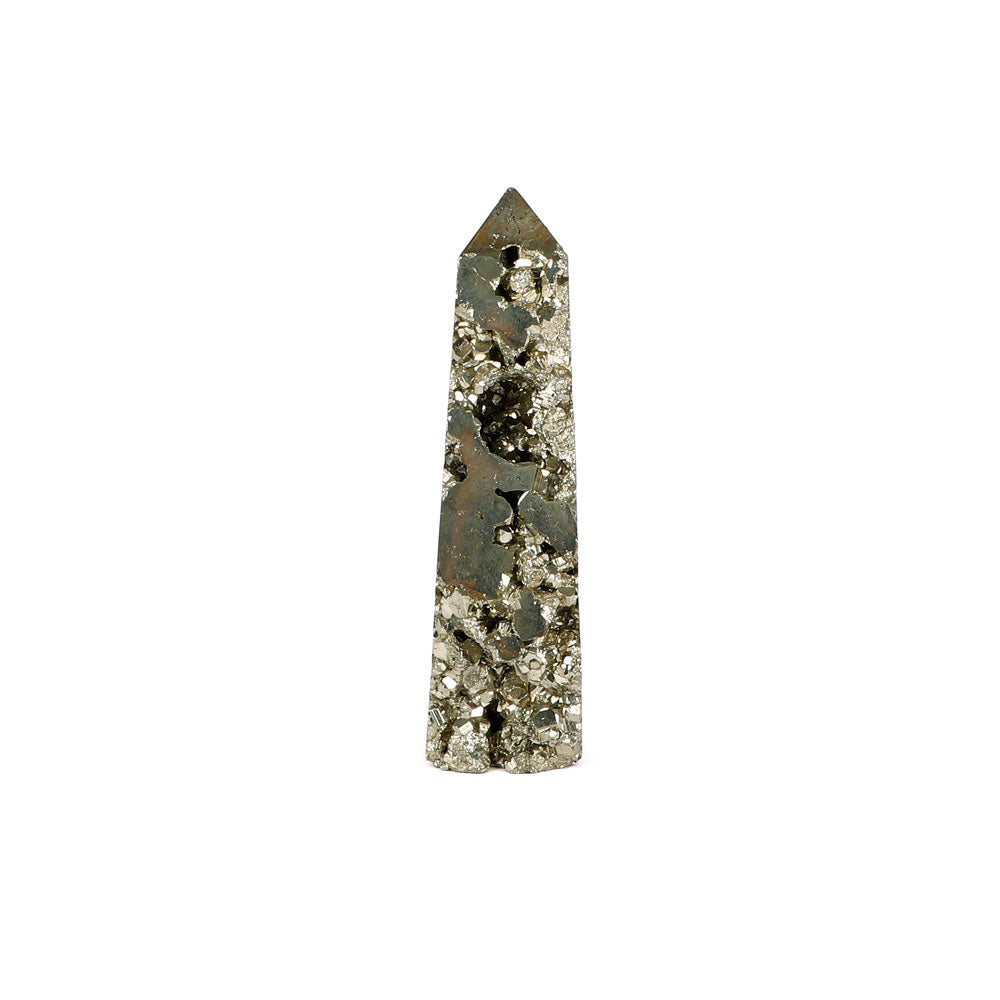 Pyrite cluster obelisk on white background