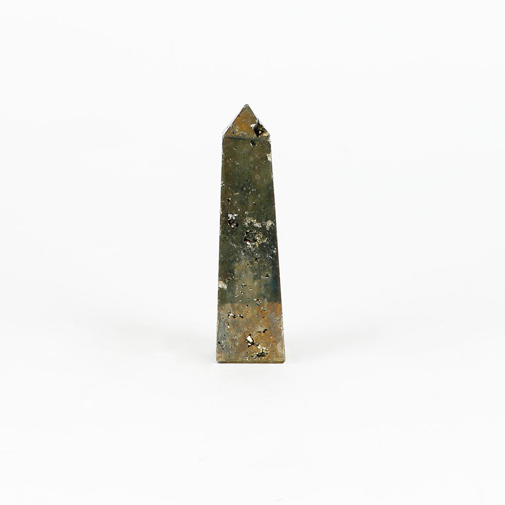 Pyrite cluster obelisk on white background