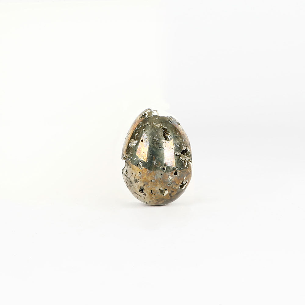 Egg shaped Pyrite crystal on a white background