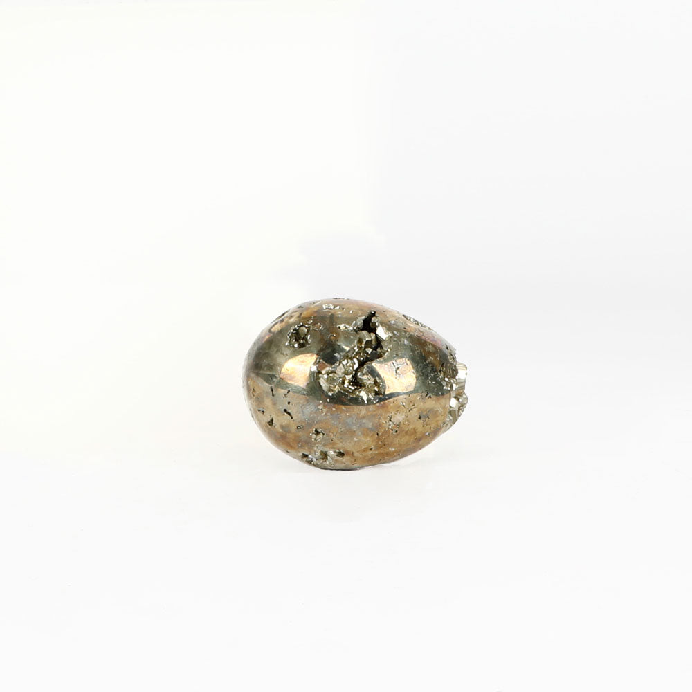 Egg shaped Pyrite crystal on a white background
