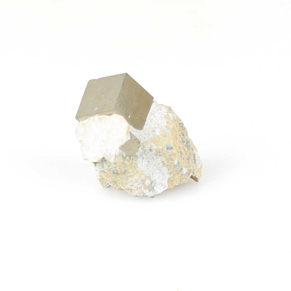 Large pyrite crystal specimen, Spain. Photographed against white background. Australian Museum Shop online